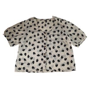 Vero Moda Cream & Black Floral Button Down Blouse Puff Short Sleeve Size Large